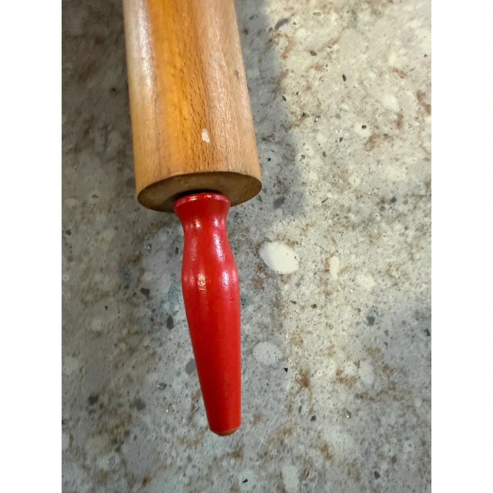 Vintage Wooden Rolling Pin with Red Painted Handles Farmhouse Kitchen Decor